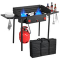 2 Burner Gamping Stove with Windpanel& Side Shelves, Bag, Auto Ignition Button,Regulator,150,000 BTU Camping Stove Propane Burner With Removable Legs for Outdoor BBQ&Backyard