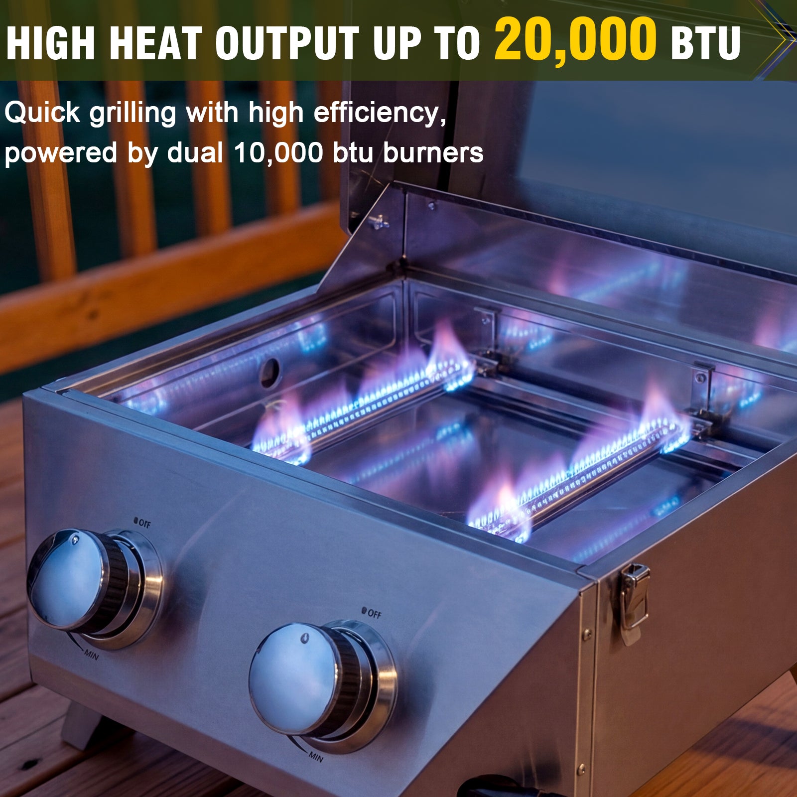 BESTFIRE Tabletop Gas Grill with 2 Burners & Viewing Glass Lid, 20,000 BTU Stainless Steel Portable BBQ Grill with Thermometer, Push-Button Ignition for Outdoor Patio, Camping, RV, Tailgating