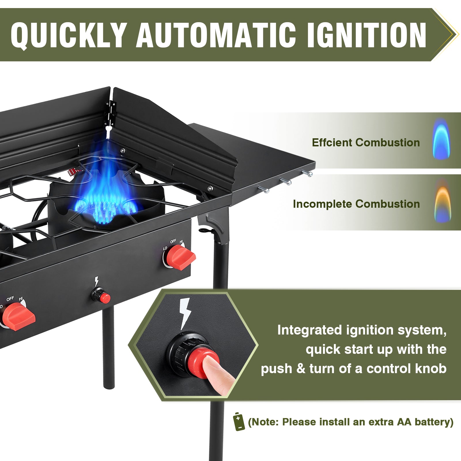 2 Burner Gamping Stove with Windpanel& Side Shelves, Bag, Auto Ignition Button,Regulator,150,000 BTU Camping Stove Propane Burner With Removable Legs for Outdoor BBQ&Backyard