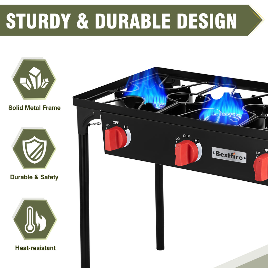 3 Burners Gamping Stove for Cooking Outdoor, 225,000 BTU Propane Burners with Auto Ignition Button&Removable Legs, Temperature Control Knobs and 20 PSIG High Pressure Regulator for BBQ