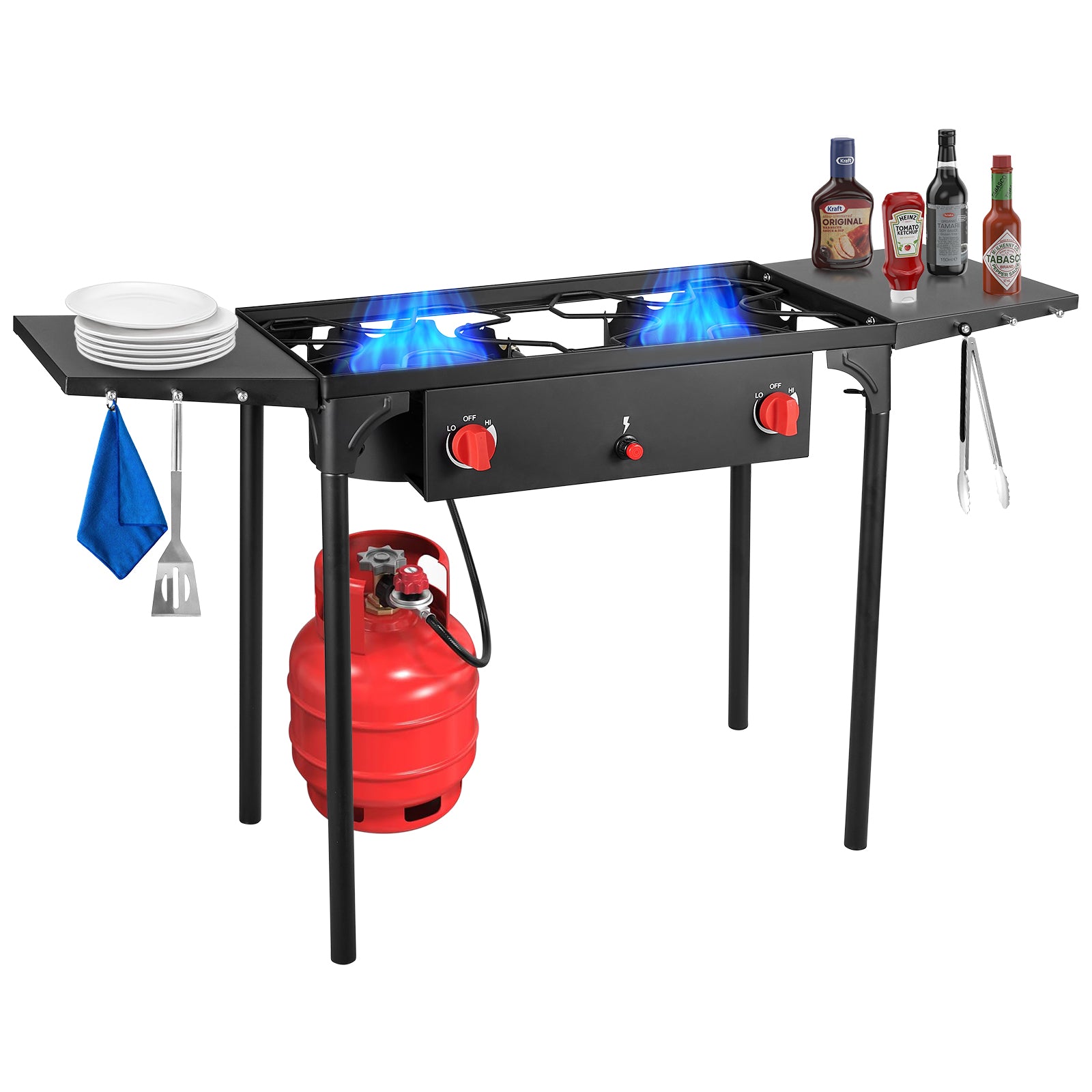 2 burner Camping Stove with Auto Ignition Button,Side Shelves & Regulator150,000 BTU Gas Stove Propane Burner With Removable Legs for Outdoor BBQ&Backyard Cooking Camping Home