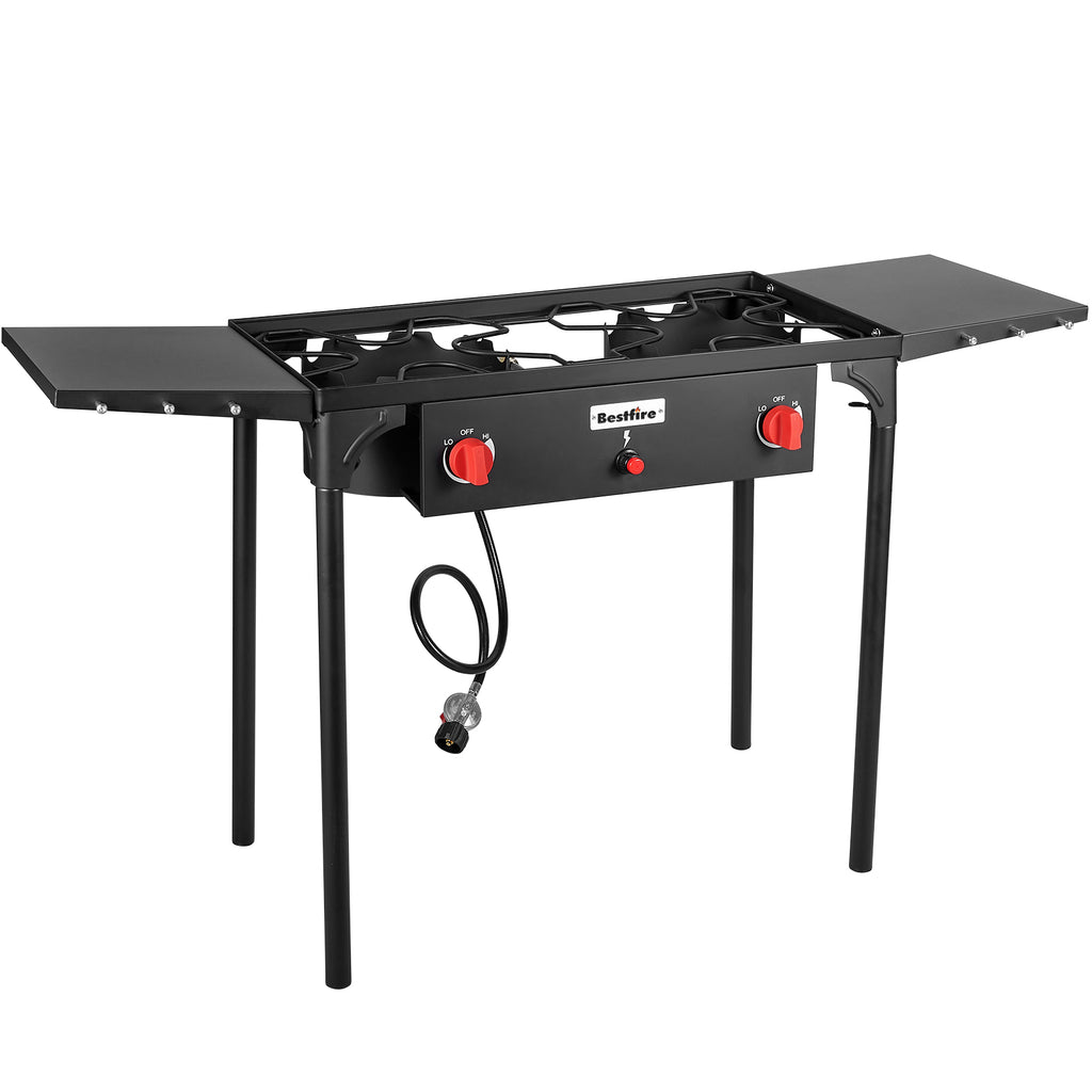2 burner Camping Stove with Auto Ignition Button,Side Shelves & Regulator150,000 BTU Gas Stove Propane Burner With Removable Legs for Outdoor BBQ&Backyard Cooking Camping Home