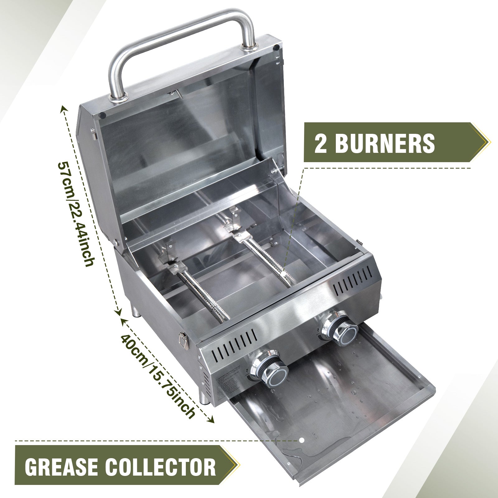 Tabletop Gas Grill 2 Burners, 20,000 BTUs Stainless Steel Portable Propane Grill with Legs for Outdoor Patio Backyard Camping, Tailgating, and RV Trips
