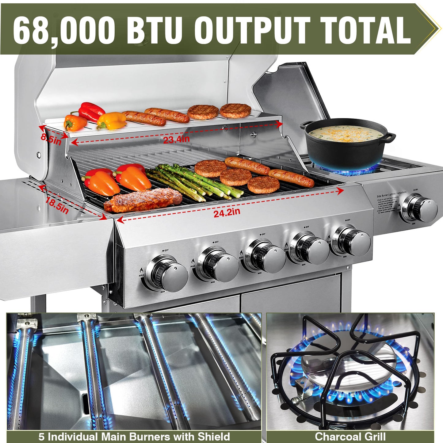 68,000 BTU 5 燃烧器丙烷燃气烧烤炉，带侧燃烧器 - 专业级不锈钢户外烧烤炉 - 647 平方英寸烹饪空间和瓷质铸铁烤架 - 适合后院的露台推车设计