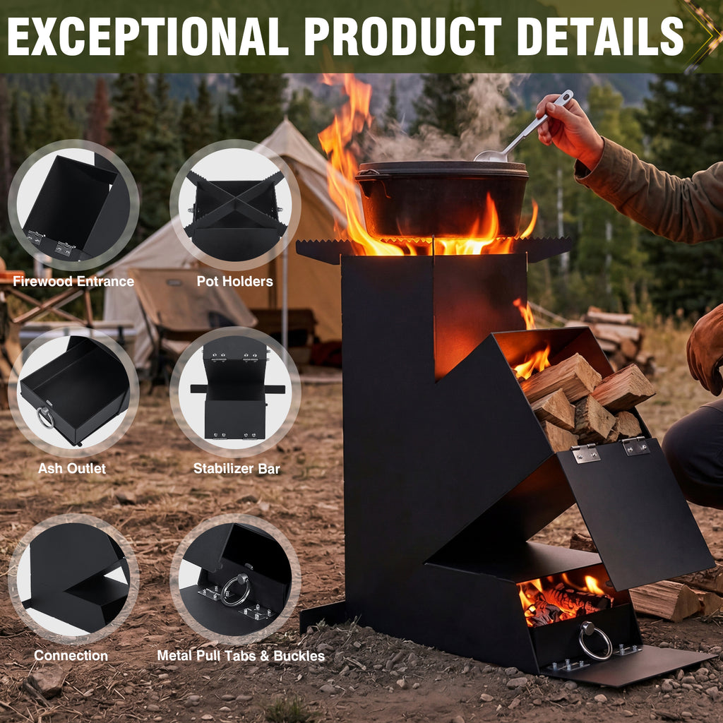Rocket Stove with Glass Window, Portable Wood Burning Stove for Outdoor Cooking, Heavy Duty Camping Grill, Backyard Cooking Wood Fire Stove for Emergency Survival and Preparedness