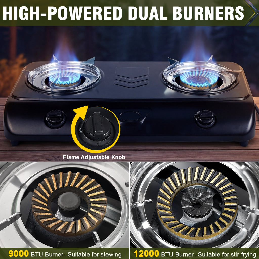 BESTFIRE Portable Outdoor Propane Stove - 9000/12000 BTU Dual Burners with Auto Ignition, Rust-Resistant Steel, Regulator & Hose, Perfect for Camping, RV, Tailgating, BBQ, Compact 28.74"×14.76"×5.51"