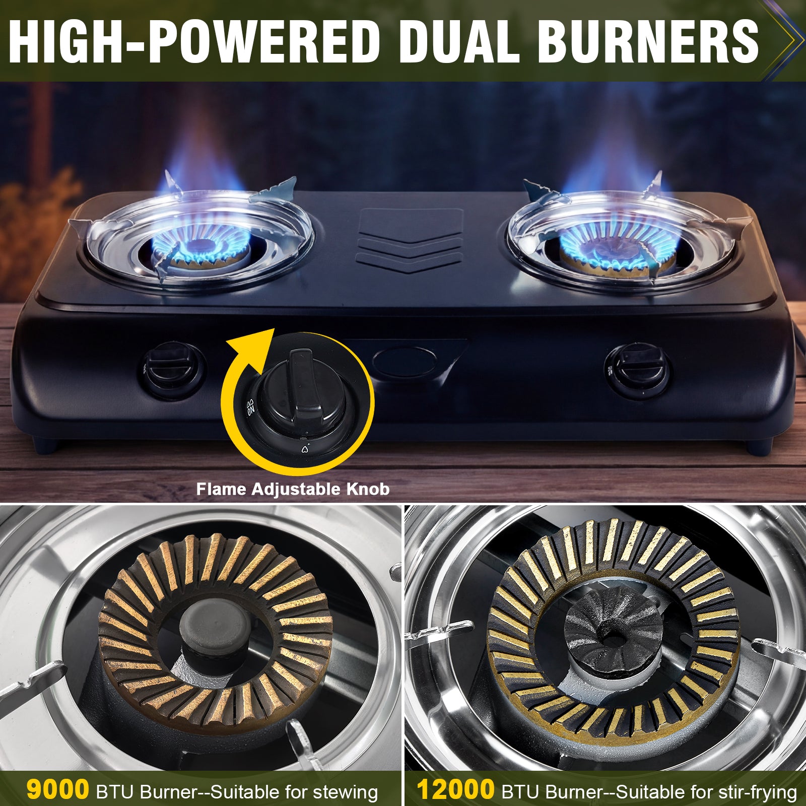 BESTFIRE Portable Outdoor Propane Stove - 9000/12000 BTU Dual Burners with Auto Ignition, Rust-Resistant Steel, Regulator & Hose, Perfect for Camping, RV, Tailgating, BBQ, Compact 28.74"×14.76"×5.51"