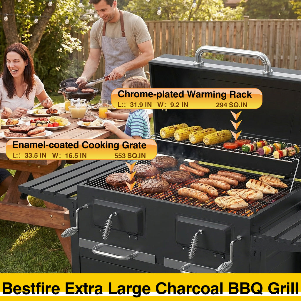 Bestfire 63" Oversized Charcoal BBQ Grill & Smoker, Large Outdoor Grill with 2 Individual Lifting Charcoal Trays, Cabinet-Style Charcoal Grills with Foldable Side Tables, 4 Wheels, Asadores de Carbon