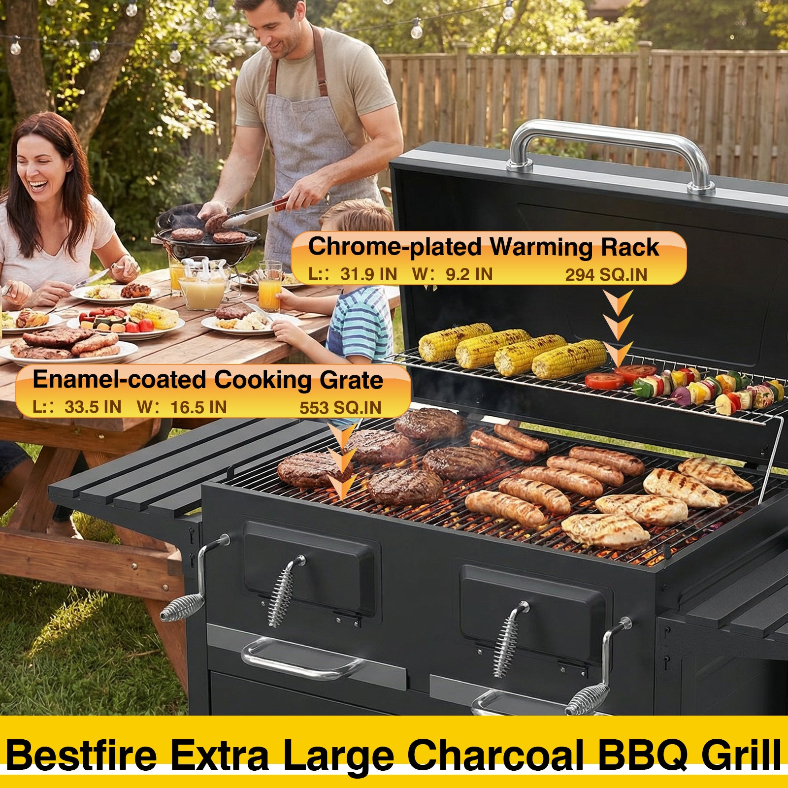 Bestfire 63" Oversized Charcoal BBQ Grill & Smoker, Large Outdoor Grill with 2 Individual Lifting Charcoal Trays, Cabinet-Style Charcoal Grills with Foldable Side Tables, 4 Wheels, Asadores de Carbon