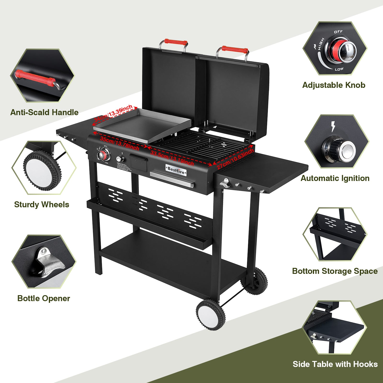 Dual Fuel Propane Gas Charcoal Grill Combo Black Dual Lids, Flat Top Grill With 2 Side Shelves for BBQ, Outdoor and Backyard Cooking