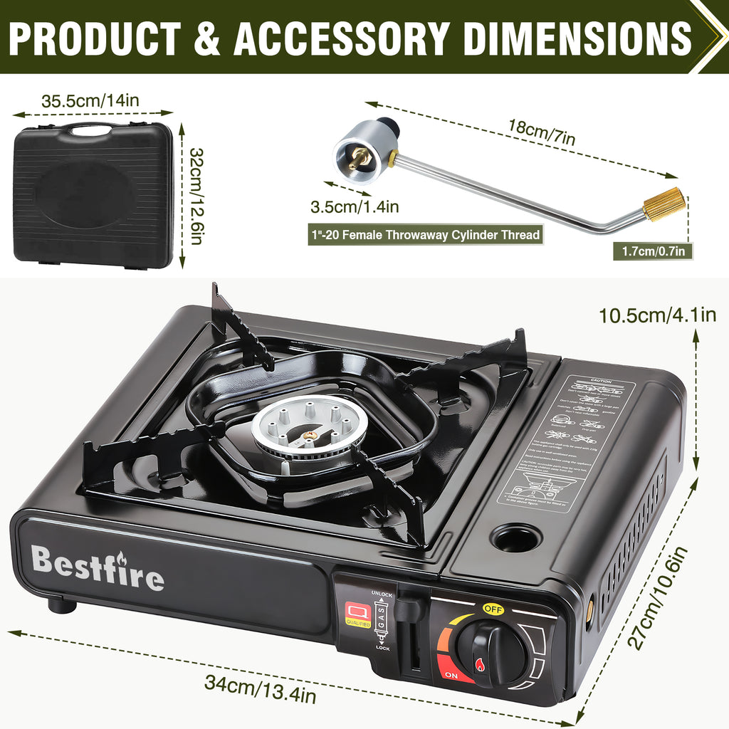 BESTFIRE Portable Dual Fuel Camping Stove - 10,000 BTU Butane and Propane Stove with Adapter & Case - Single Burner Gas Stove for Outdoor Cooking, Tailgating & Emergency