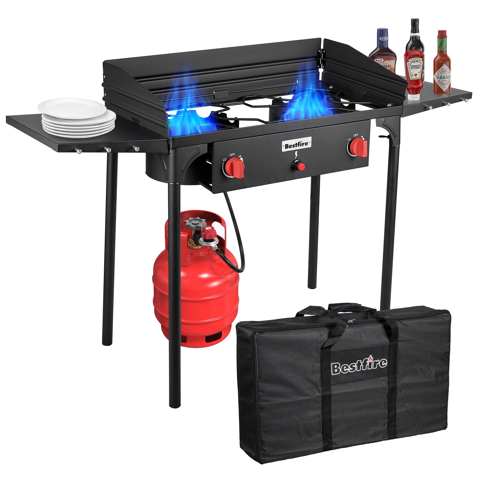 2 Burner Gamping Stove with Windpanel& Side Shelves, Bag, Auto Ignition Button,Regulator,150,000 BTU Camping Stove Propane Burner With Removable Legs for Outdoor BBQ&Backyard