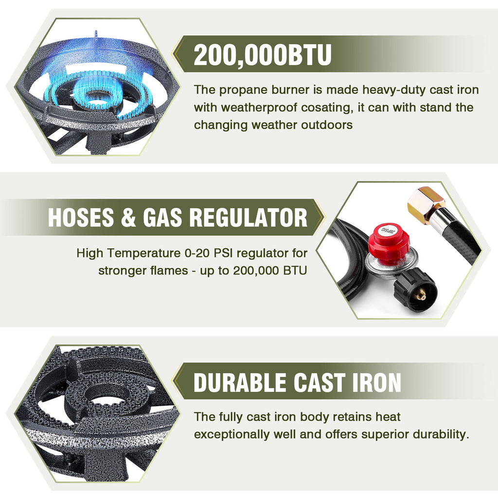 13" Single Propane Burner Stove 90,000 BTU Cast Iron Portable Outdoor Burner with 0-20 PSI Adjustable Regulator and Stainless Steel Hose Perfect for Outdoor Wok Cooking