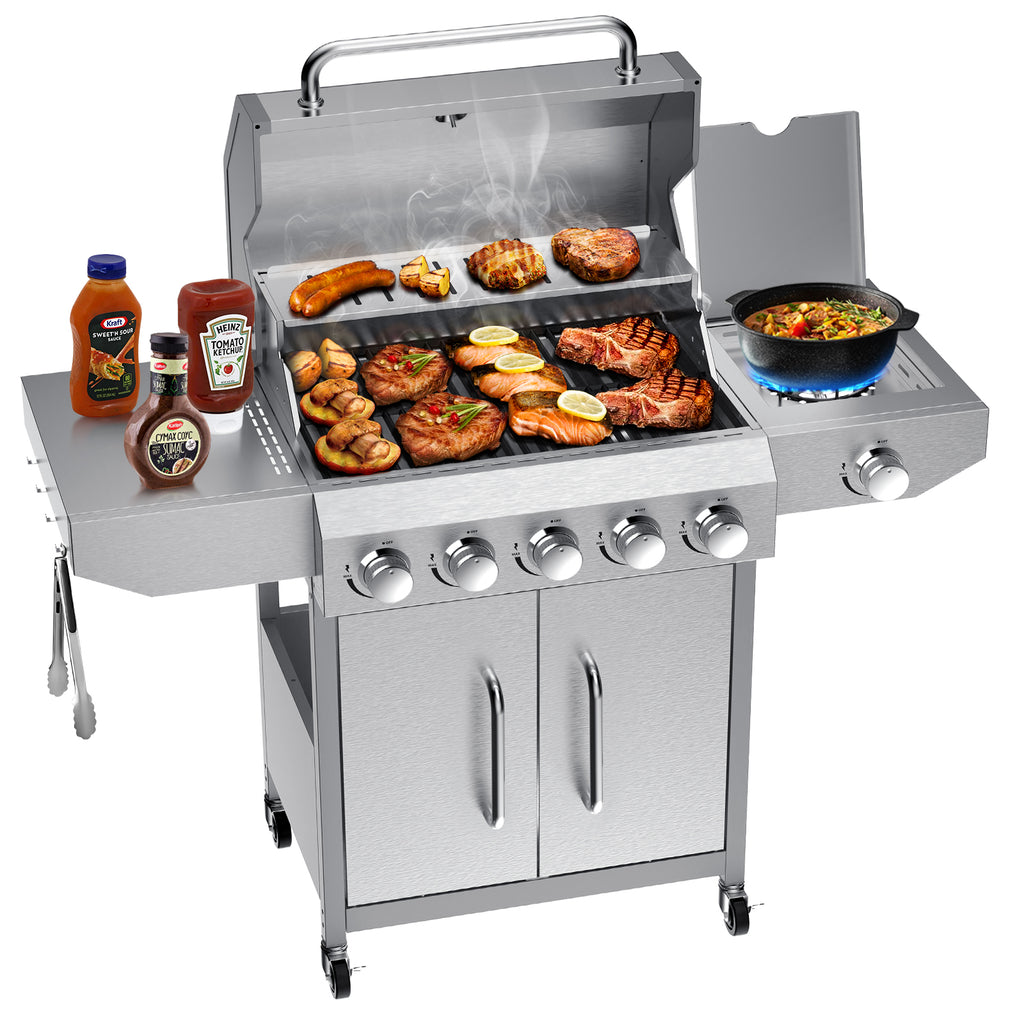 68,000 BTU 5 Burner Propane Gas Grill with Side Burner-Professional-Grade Stainless Steel Outdoor BBQ Grill-647 sq in Cooking Space&Porcelain Cast Iron Grrates-Patio Cart Design for Backyard