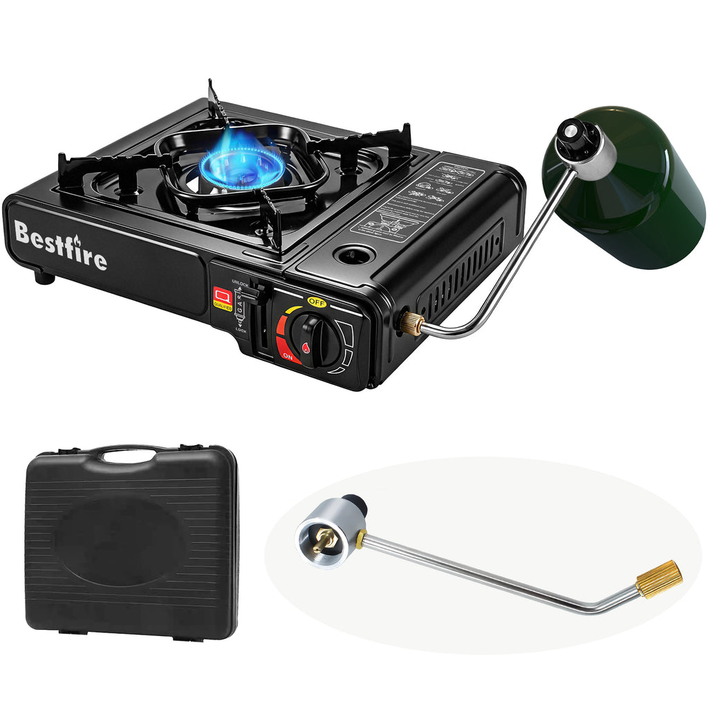 BESTFIRE Portable Dual Fuel Camping Stove - 10,000 BTU Butane and Propane Stove with Adapter & Case - Single Burner Gas Stove for Outdoor Cooking, Tailgating & Emergency