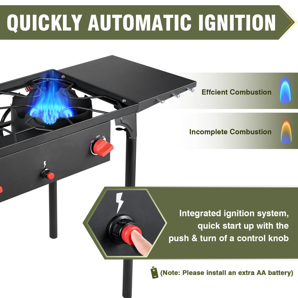 2 burner Camping Stove with Auto Ignition Button,Side Shelves & Regulator150,000 BTU Gas Stove Propane Burner With Removable Legs for Outdoor BBQ&Backyard Cooking Camping Home