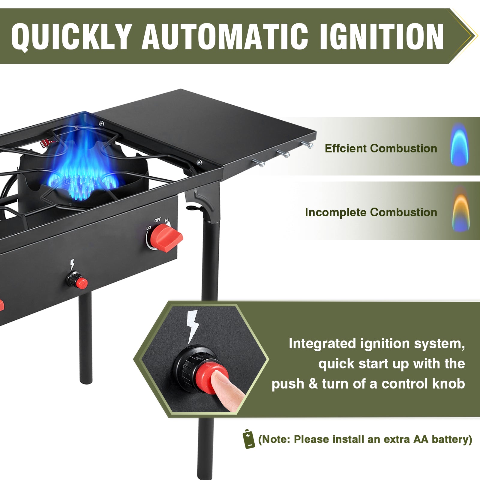 2 burner Camping Stove with Auto Ignition Button,Side Shelves & Regulator150,000 BTU Gas Stove Propane Burner With Removable Legs for Outdoor BBQ&Backyard Cooking Camping Home