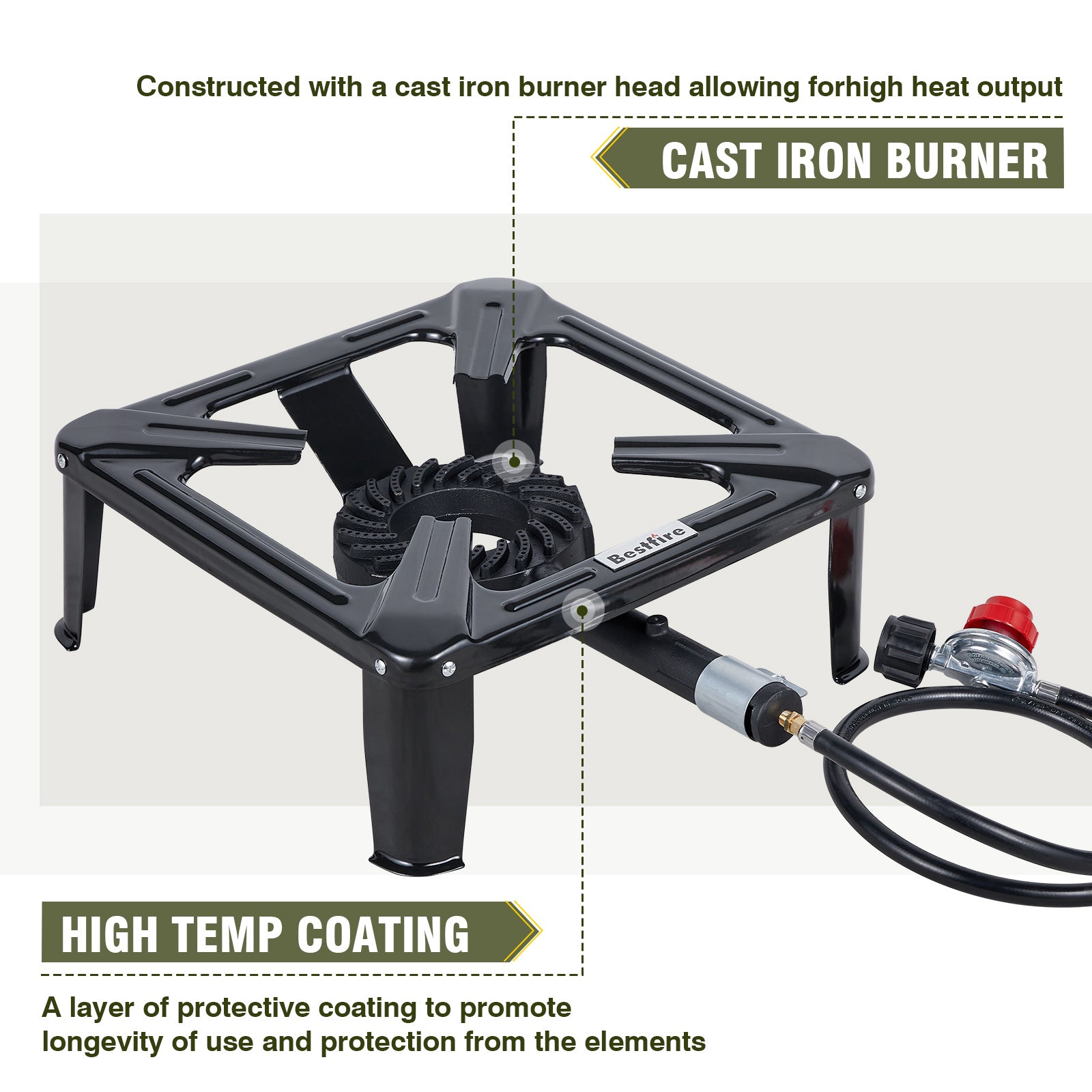 High Pressure Propane Burner, 120000 BTU Single Propane Stove with 4.1ft 0-20Psi Adjustable Hose with Regulator, 16" Square Steel Cooktop for Camping