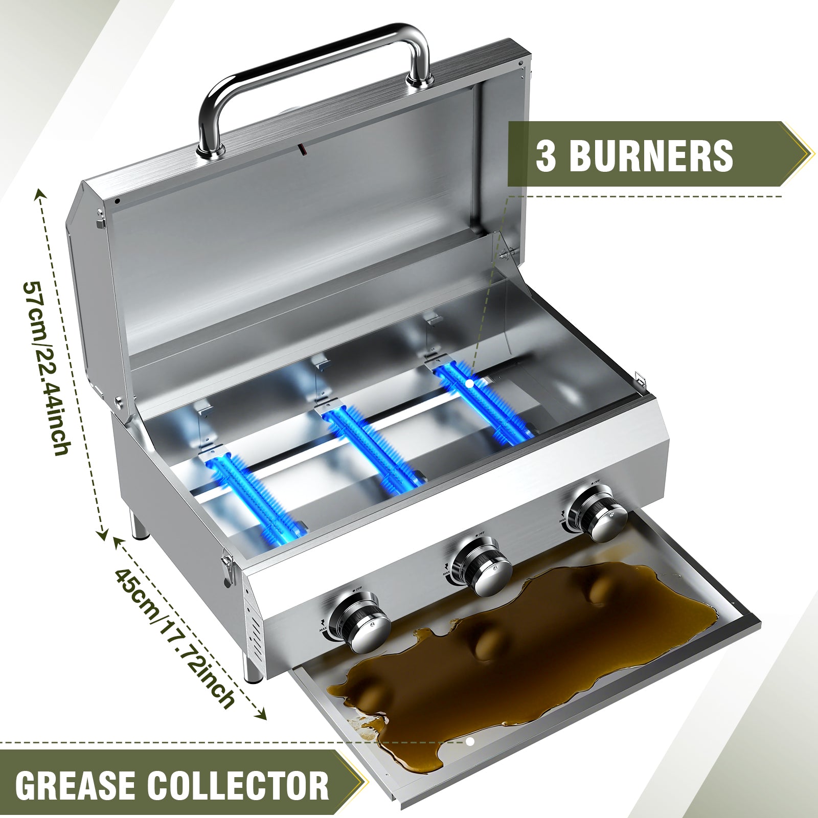 Bestfire 3-Burner Tabletop Gas Grill, 30,000 BTU Portable Propane Grill, Heavy-Duty Thickened Stainless Steel Grates, Stainless Steel Knobs, Compact & Detachable Legs for Camping, RV&BBQ