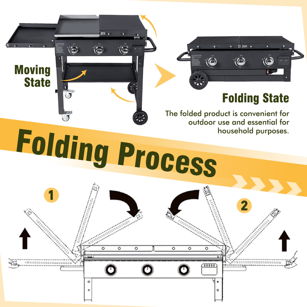 Foldable Flat Top Grill, Outdoor Griddle-3 Burner Propane Griddle with Two Foldable Shelves,36" Flat Grills Outdoor-45,000 BTU Gas Grill for BBQ& Outdoor Cooking,Black