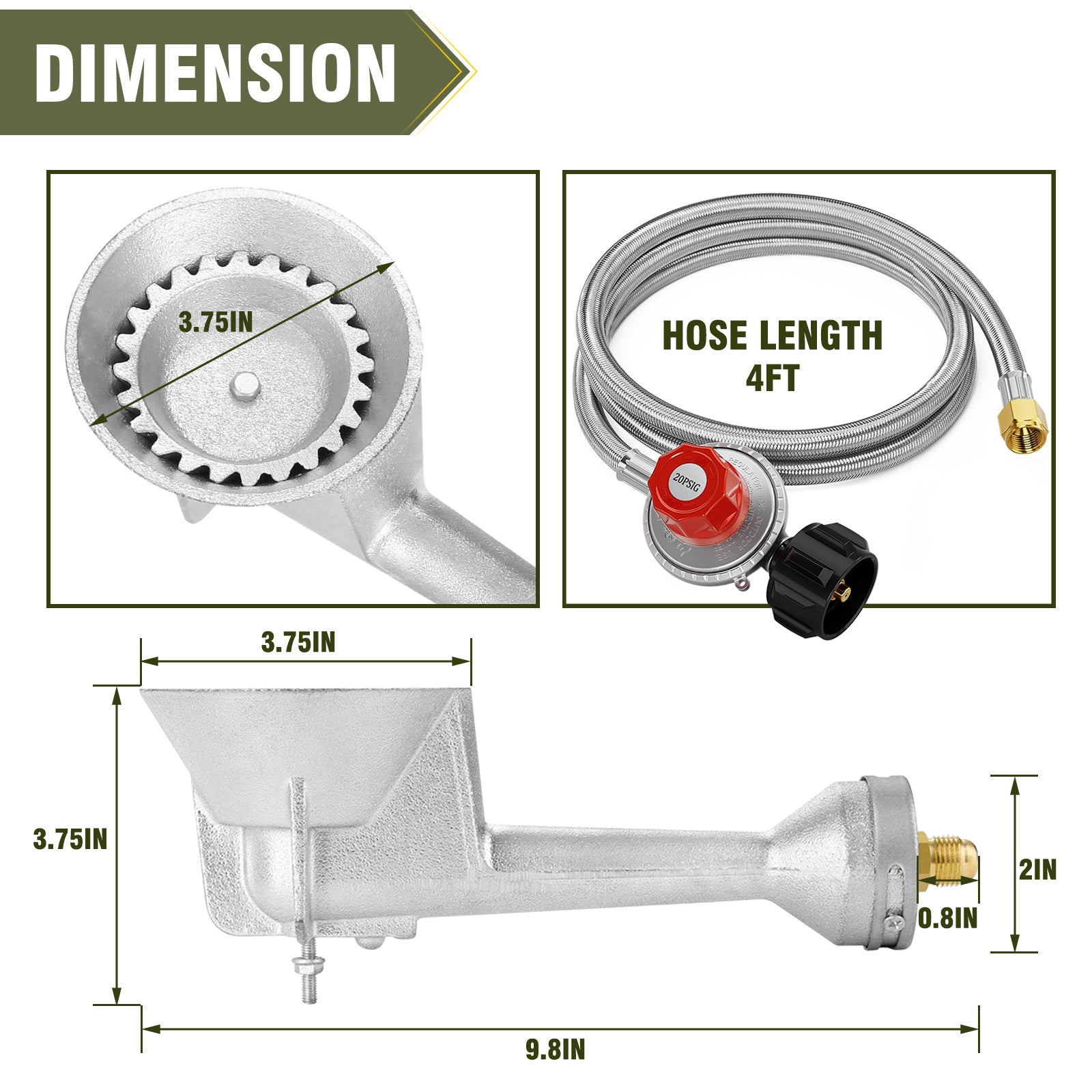 High Pressure Cast-Iron Propane Burner Head,Taper Burner Head with 20 PSIG Adjustable High Pressure Propane Regulator with Hose and Brass Fitting for Propane Burner Head for Cooking Outdoor