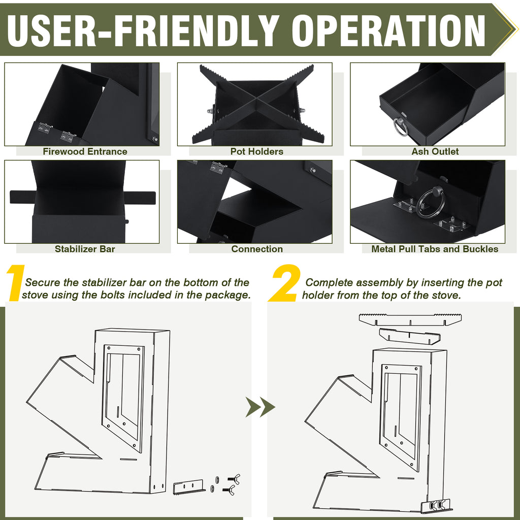 Rocket Stove with Glass Window, Portable Wood Burning Stove for Outdoor Cooking, Heavy Duty Camping Grill, Backyard Cooking Wood Fire Stove for Emergency Survival and Preparedness