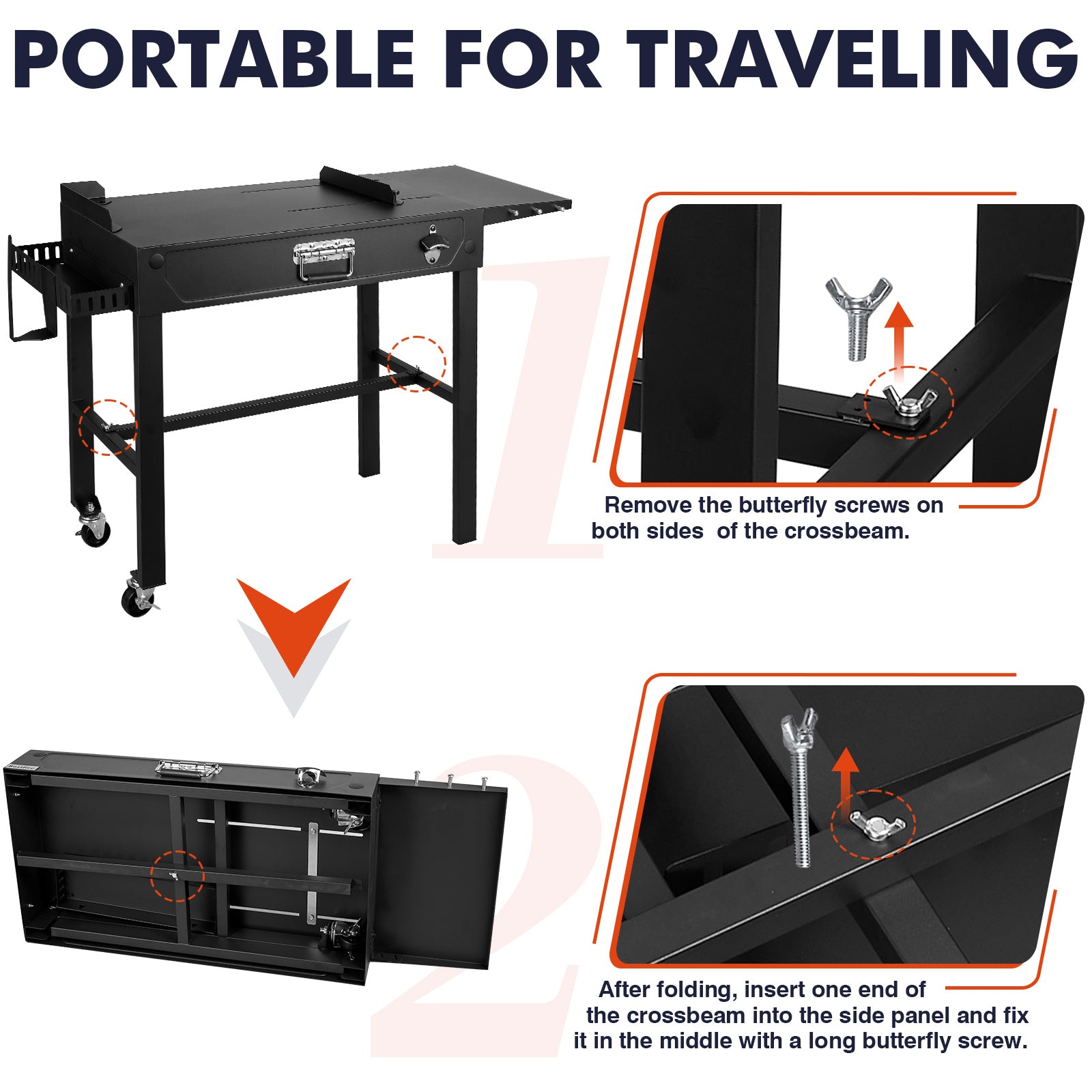 BESTFIRE Grill Table for Blackstone Griddle 14-28", Foldable Grill Cart with Wheels, Portable Outdoor Grill Prep Table, Folding Camping Grill Side Table for BBQ, Tailgating & Backyard Cooking | with Wheels, Portable for BBQ, Tailgating & Backyard Cooking