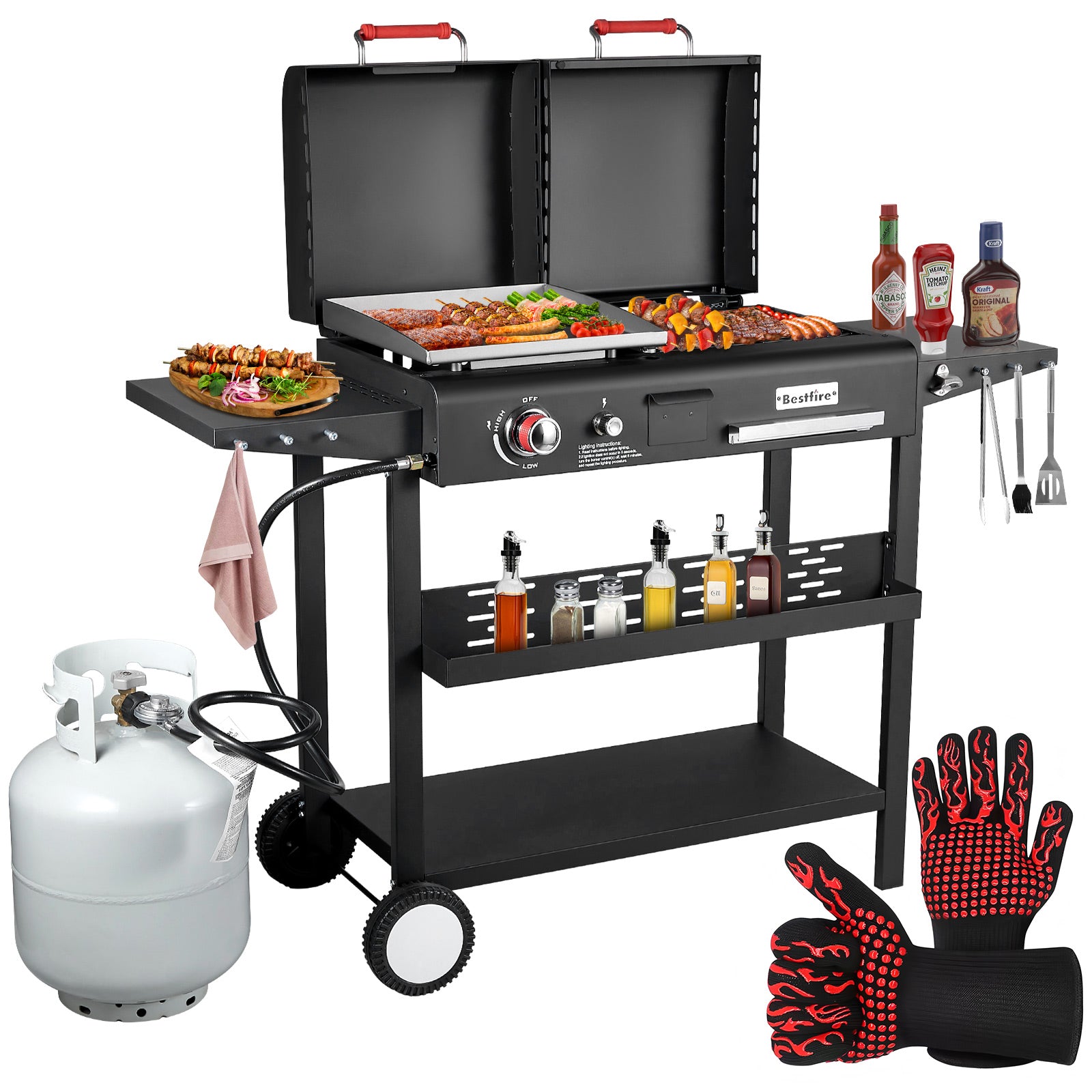 Dual Fuel Propane Gas Charcoal Grill Combo Black Dual Lids, Flat Top Grill With 2 Side Shelves for BBQ, Outdoor and Backyard Cooking