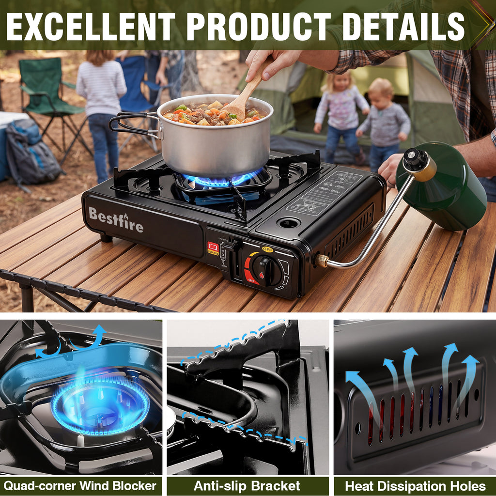 BESTFIRE Portable Dual Fuel Camping Stove - 10,000 BTU Butane and Propane Stove with Adapter & Case - Single Burner Gas Stove for Outdoor Cooking, Tailgating & Emergency