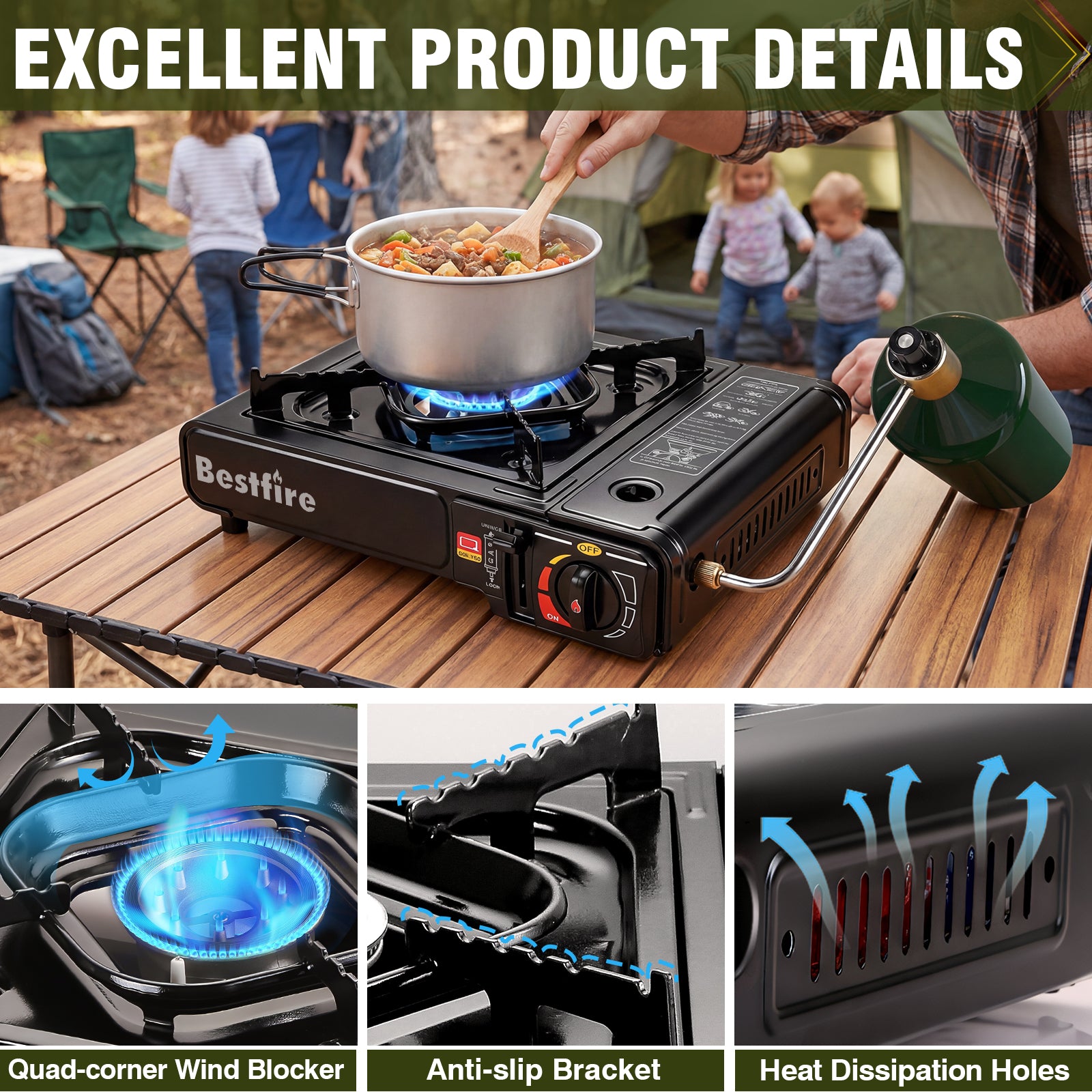 BESTFIRE Portable Dual Fuel Camping Stove - 10,000 BTU Butane and Propane Stove with Adapter & Case - Single Burner Gas Stove for Outdoor Cooking, Tailgating & Emergency