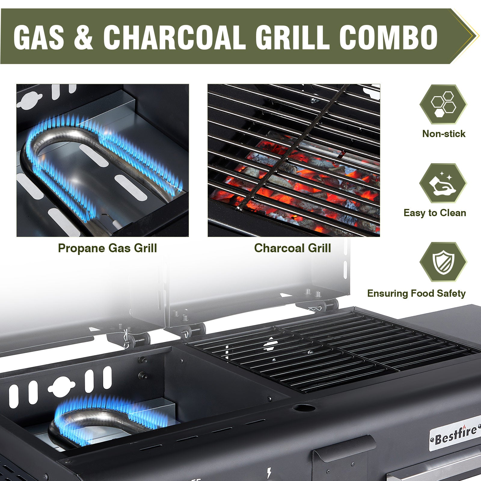 Dual Fuel Propane Gas Charcoal Grill Combo Black Dual Lids, Flat Top Grill With 2 Side Shelves for BBQ, Outdoor and Backyard Cooking