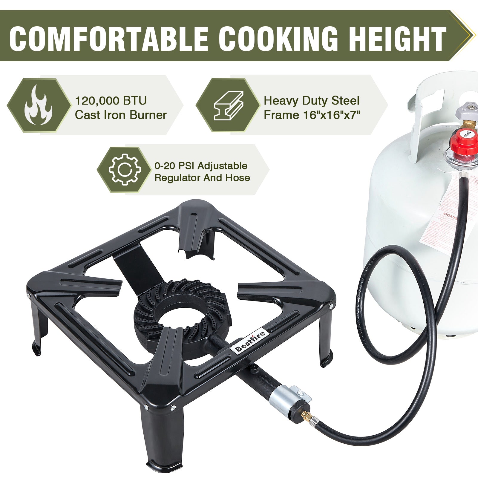 High Pressure Propane Burner, 120000 BTU Single Propane Stove with 4.1ft 0-20Psi Adjustable Hose with Regulator, 16" Square Steel Cooktop for Camping