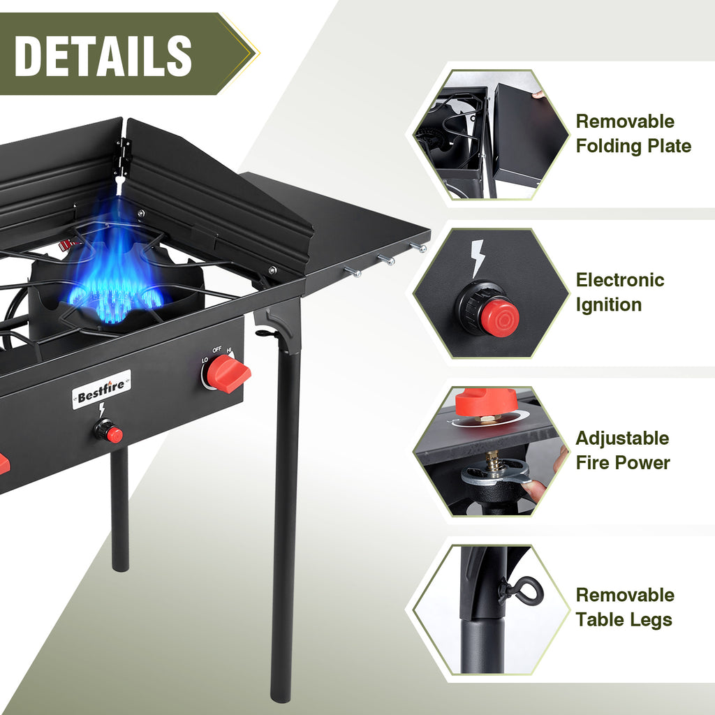 2 Burner Gamping Stove with Windpanel& Side Shelves, Bag, Auto Ignition Button,Regulator,150,000 BTU Camping Stove Propane Burner With Removable Legs for Outdoor BBQ&Backyard