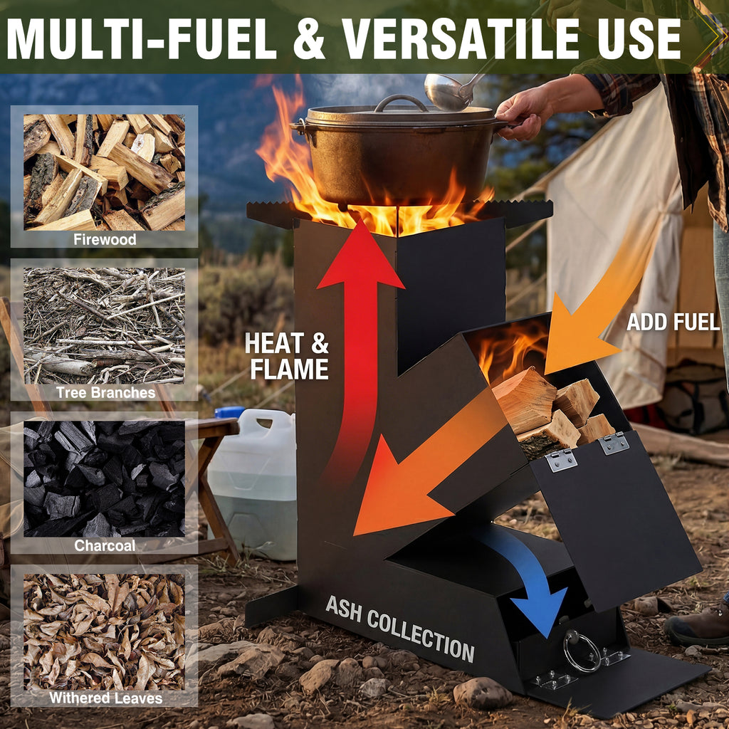 Rocket Stove with Glass Window, Portable Wood Burning Stove for Outdoor Cooking, Heavy Duty Camping Grill, Backyard Cooking Wood Fire Stove for Emergency Survival and Preparedness