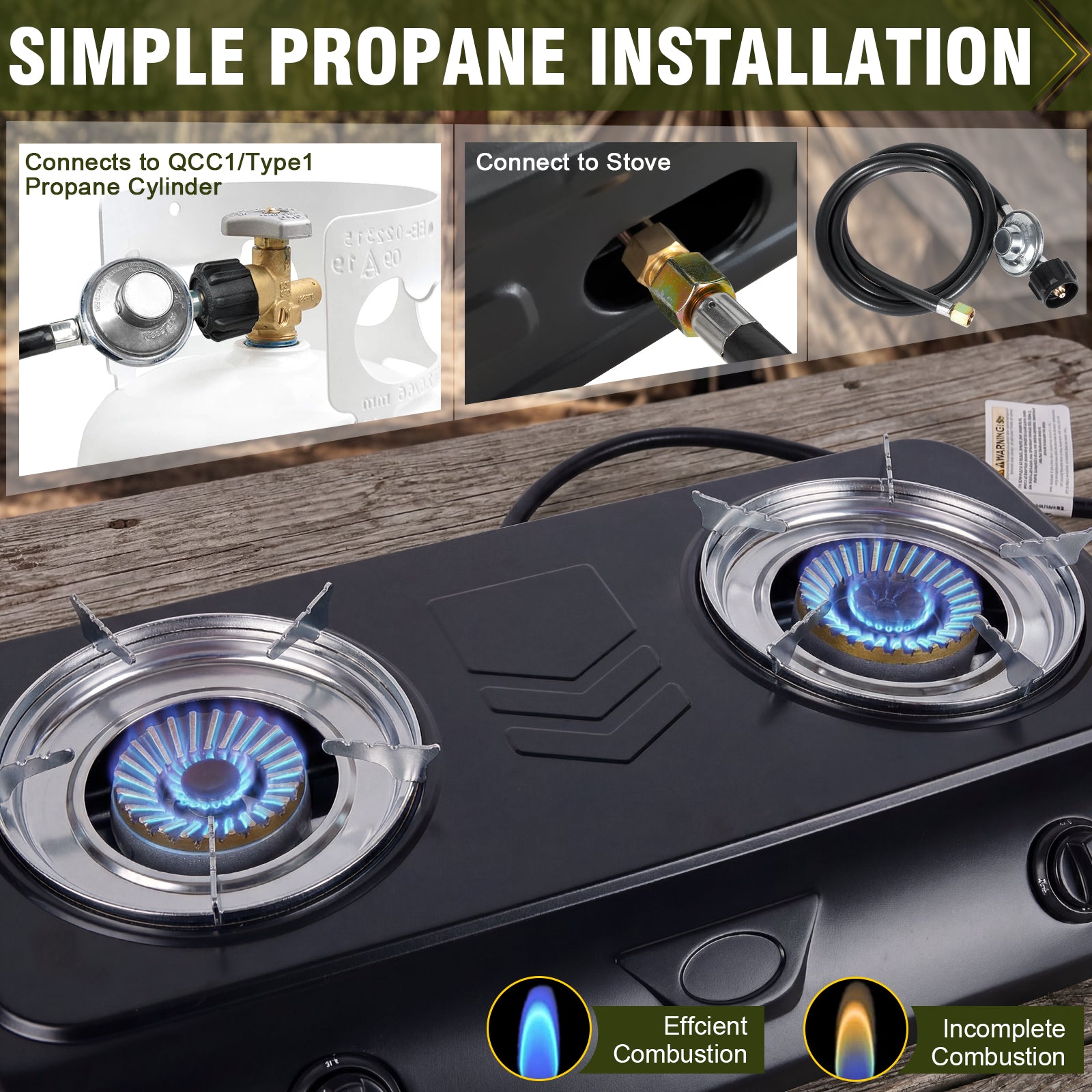 BESTFIRE Portable Outdoor Propane Stove - 9000/12000 BTU Dual Burners with Auto Ignition, Rust-Resistant Steel, Regulator & Hose, Perfect for Camping, RV, Tailgating, BBQ, Compact 28.74"×14.76"×5.51"