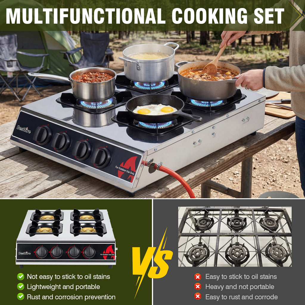 BESTFIRE 4 Burner Propane Gas Stove 40,000 BTU Stainless Steel Cooktop with Enamel Pan Support, Electronic Ignition, Regulator & Hose Included, Portable Gas Stove for Camping, Outdoor Cooking, BBQ