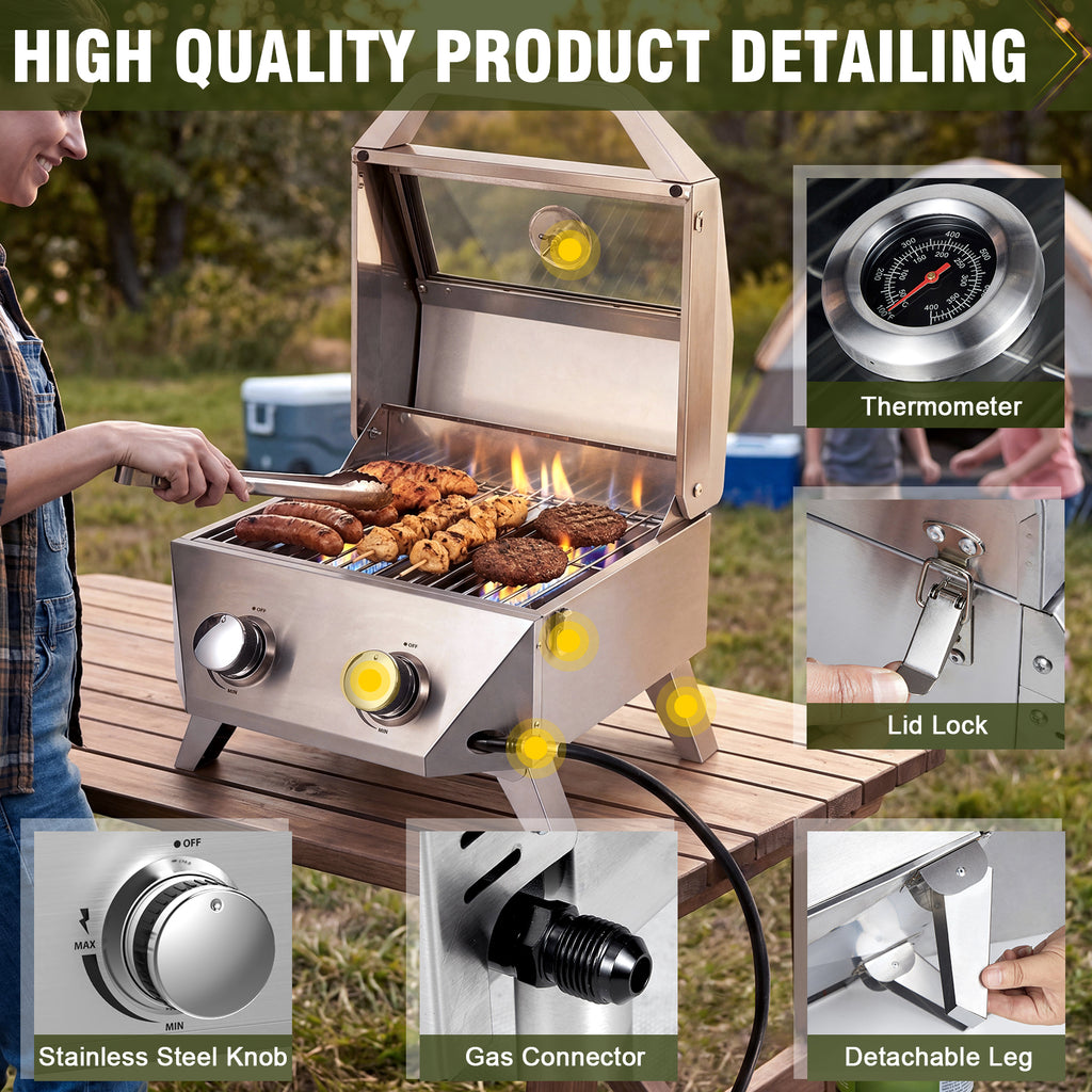 BESTFIRE Tabletop Gas Grill with 2 Burners & Viewing Glass Lid, 20,000 BTU Stainless Steel Portable BBQ Grill with Thermometer, Push-Button Ignition for Outdoor Patio, Camping, RV, Tailgating