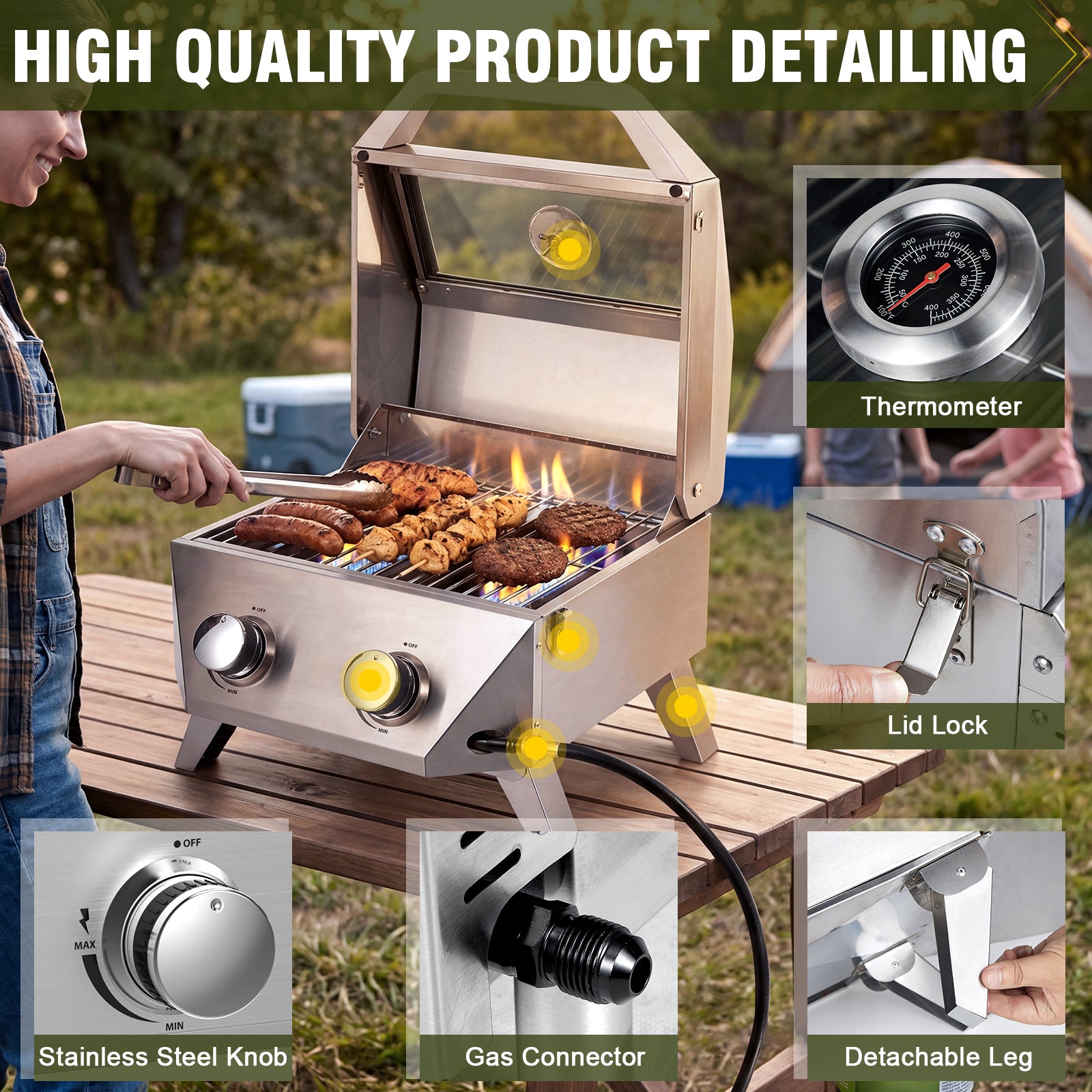 BESTFIRE Tabletop Gas Grill with 2 Burners & Viewing Glass Lid, 20,000 BTU Stainless Steel Portable BBQ Grill with Thermometer, Push-Button Ignition for Outdoor Patio, Camping, RV, Tailgating