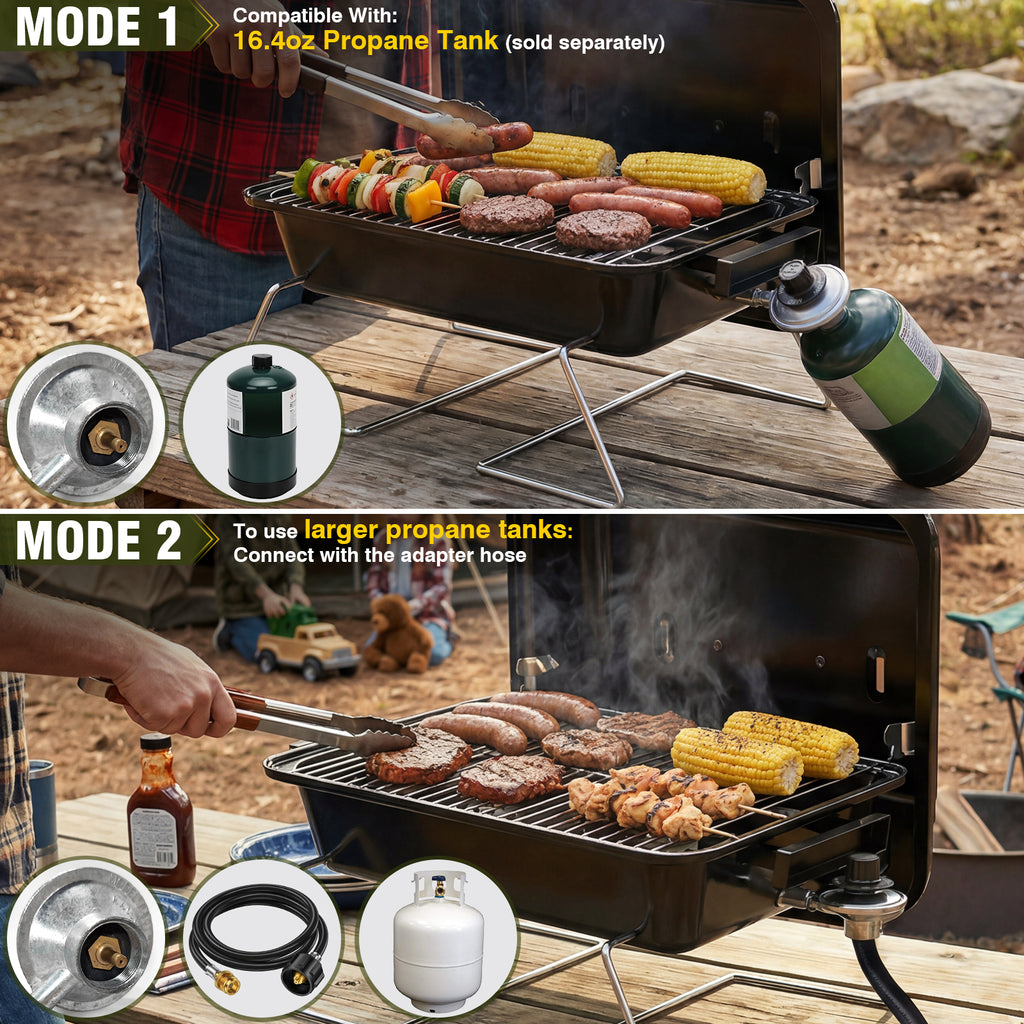 BESTFIRE Portable Propane Gas Grill with New 2-in-1 Valve - Compatible with Large Tank & Small Cylinder, Gas Grill with Foldable Legs & Adjustable Regulator,Heavy Duty, Perfect for Outdoor Camping