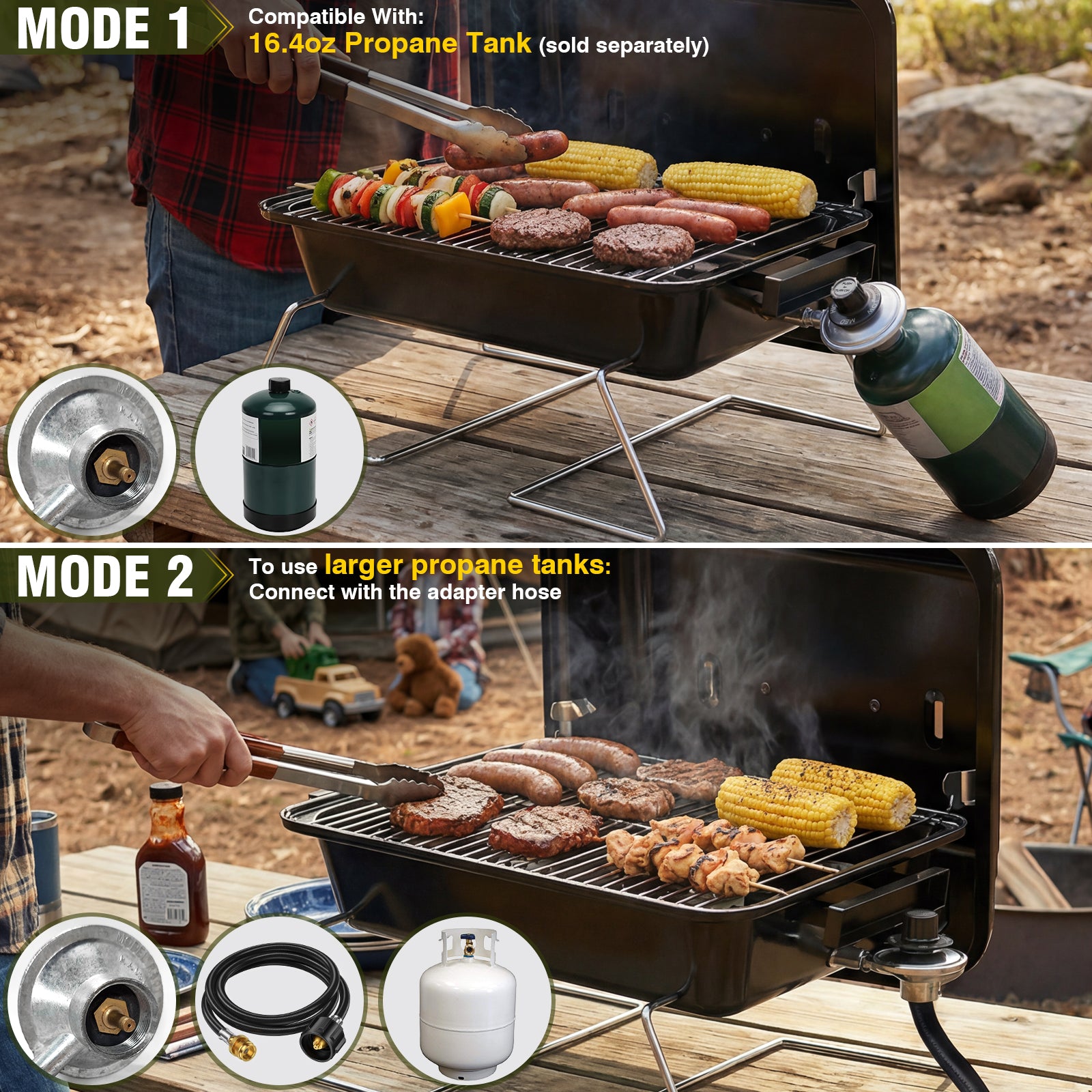 BESTFIRE Portable Propane Gas Grill with New 2-in-1 Valve - Compatible with Large Tank & Small Cylinder, Gas Grill with Foldable Legs & Adjustable Regulator,Heavy Duty, Perfect for Outdoor Camping