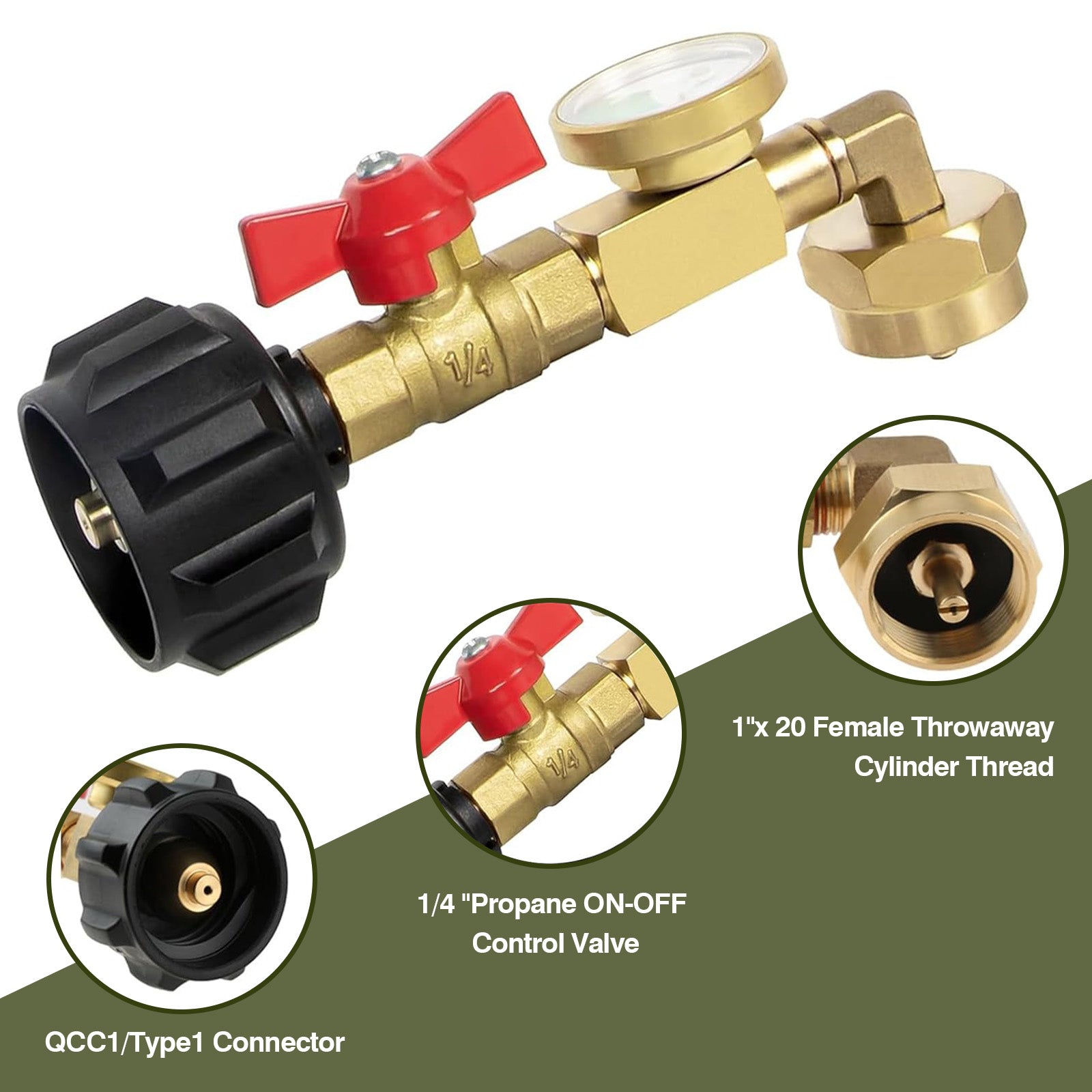 Propane Refill Adapter with Valve and Gauge, Fill 1lb Bottles from 20lb Propane Tank and 1 lb Throwaway Disposable Cylinder Propane Bottle Connector Fits QCC1/Type 1 Propane Tank