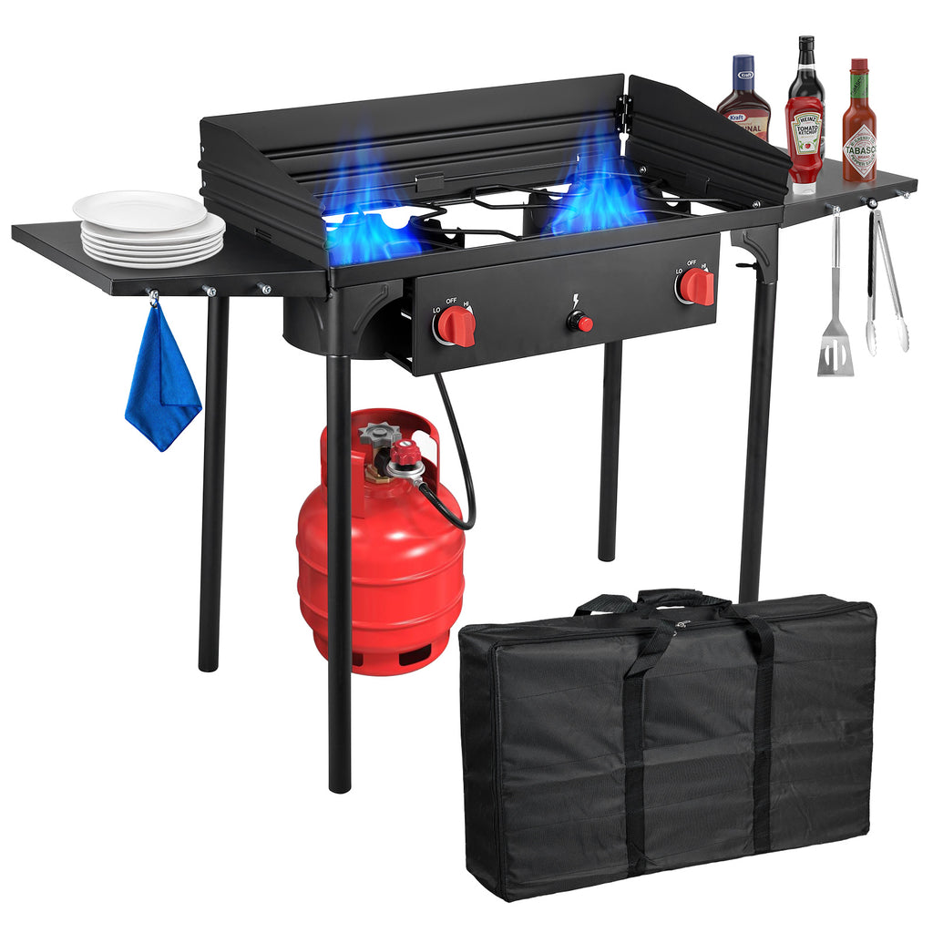 2 Burner Gamping Stove with Windpanel& Side Shelves, Bag, Auto Ignition Button,Regulator,150,000 BTU Camping Stove Propane Burner With Removable Legs for Outdoor BBQ&Backyard
