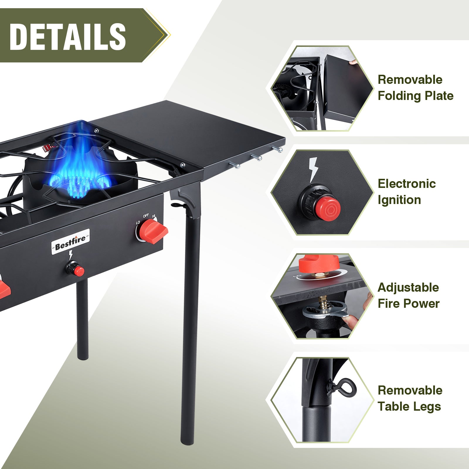 2 burner Camping Stove with Auto Ignition Button,Side Shelves & Regulator150,000 BTU Gas Stove Propane Burner With Removable Legs for Outdoor BBQ&Backyard Cooking Camping Home