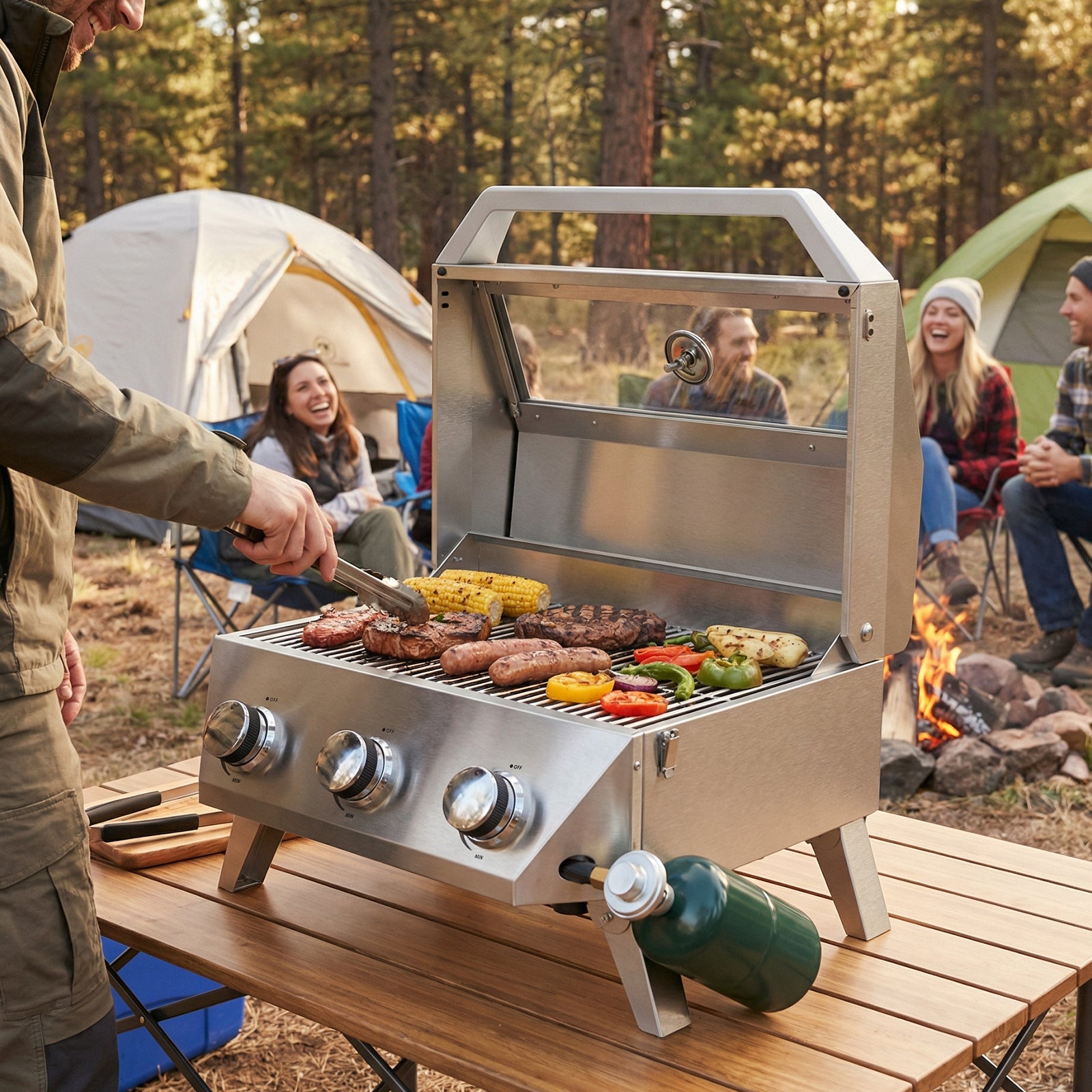 BESTFIRE Portable Propane Grill, 3-Burner Tabletop Gas Grill with 2-in-1 Connection for 1lb/20lb Tanks, 30,000 BTU Stainless Steel BBQ with Observation Window & Thermometer for Outdoor, Tailgating