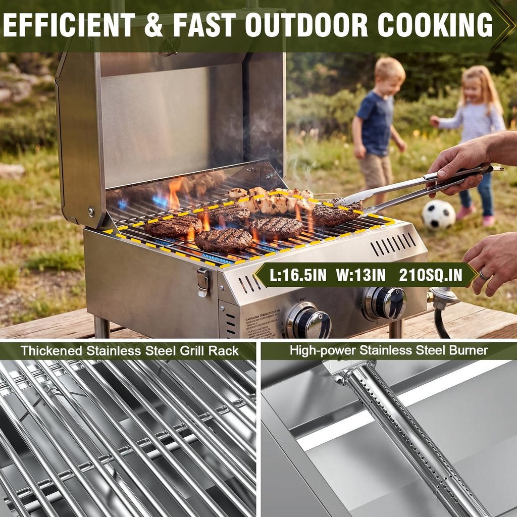 BESTFIRE 2 Burner Portable Propane Gas Grill, 20,000 BTU Tabletop Outdoor BBQ Grill with Dual Fuel Connections, Stainless Steel Grates, Push Button Ignition, Thermometer for Camping RV Tailgating