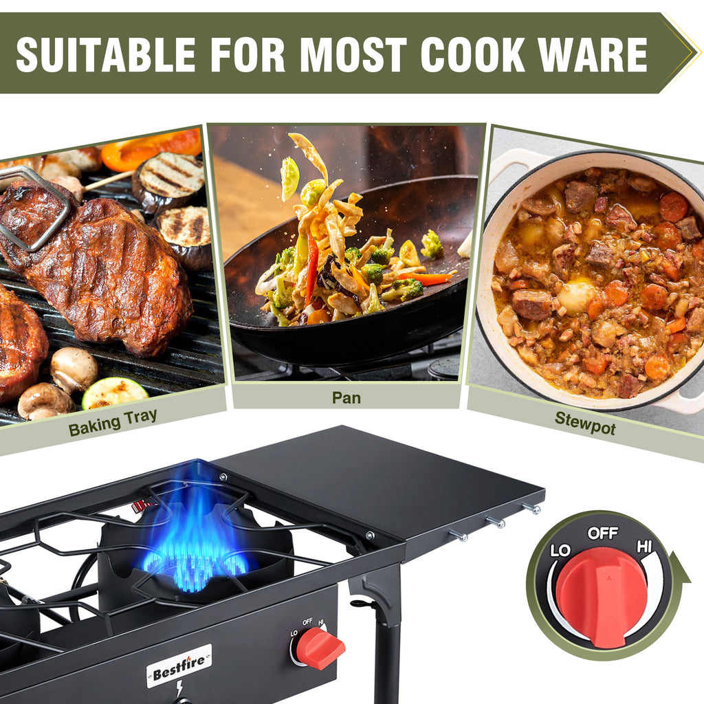 2 burner Camping Stove with Auto Ignition Button,Side Shelves & Regulator150,000 BTU Gas Stove Propane Burner With Removable Legs for Outdoor BBQ&Backyard Cooking Camping Home