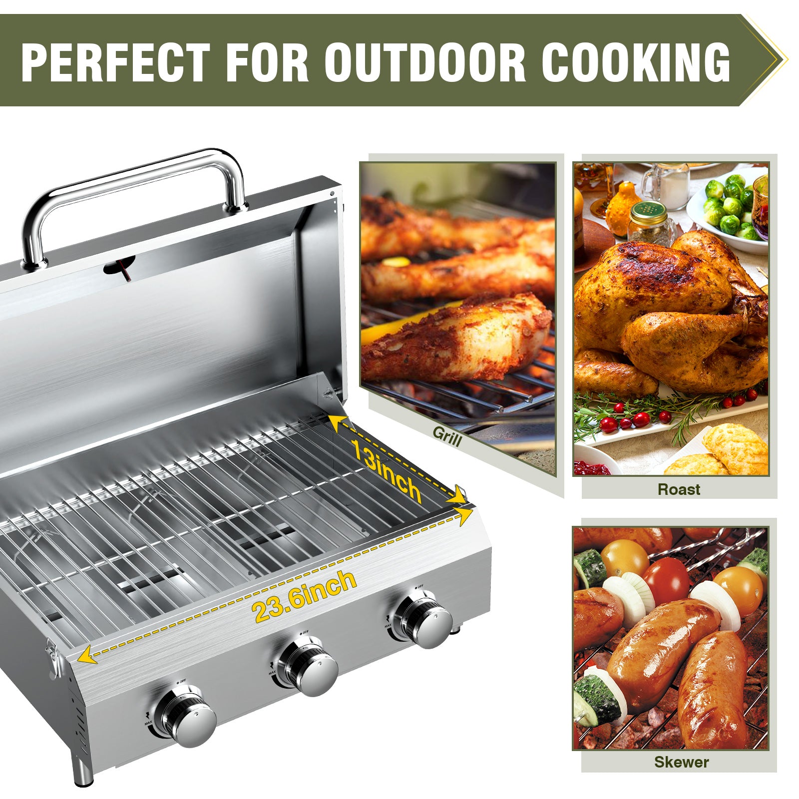 Bestfire 3-Burner Tabletop Gas Grill, 30,000 BTU Portable Propane Grill, Heavy-Duty Thickened Stainless Steel Grates, Stainless Steel Knobs, Compact & Detachable Legs for Camping, RV&BBQ