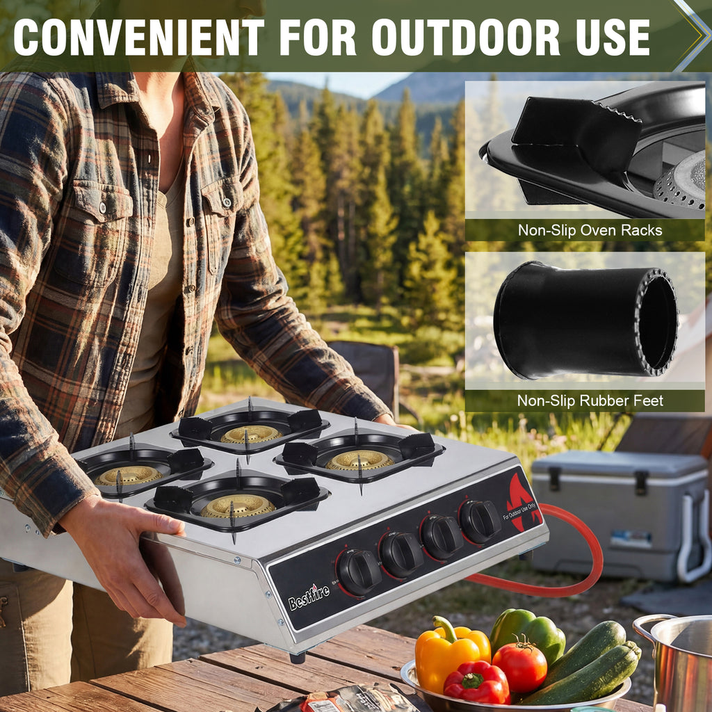 BESTFIRE 4 Burner Propane Gas Stove 40,000 BTU Stainless Steel Cooktop with Enamel Pan Support, Electronic Ignition, Regulator & Hose Included, Portable Gas Stove for Camping, Outdoor Cooking, BBQ