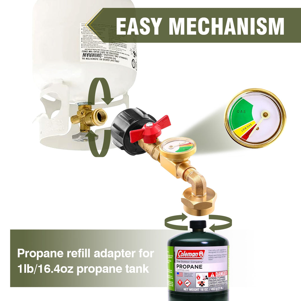Propane Refill Adapter with Valve and Gauge, Fill 1lb Bottles from 20lb Propane Tank and 1 lb Throwaway Disposable Cylinder Propane Bottle Connector Fits QCC1/Type 1 Propane Tank