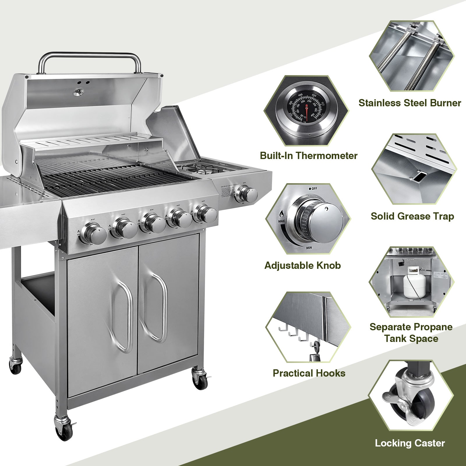 68,000 BTU 5 Burner Propane Gas Grill with Side Burner-Professional-Grade Stainless Steel Outdoor BBQ Grill-647 sq in Cooking Space&Porcelain Cast Iron Grrates-Patio Cart Design for Backyard